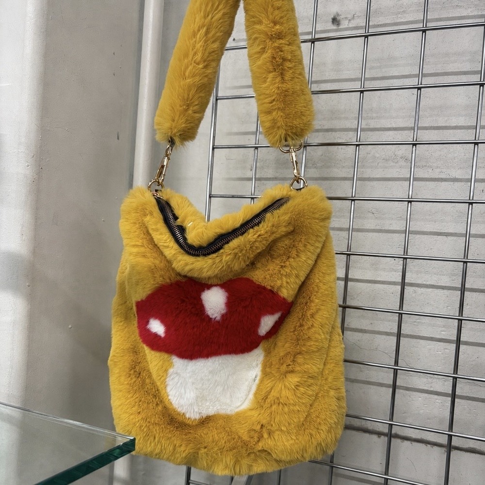 NWT Dolls Kill Mushroom Faux Fur Tote Bag Yellow Plush Shoulder Purse